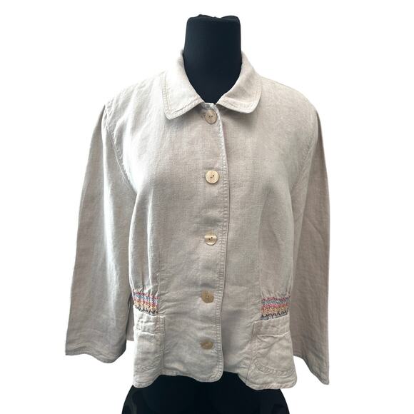 J.JILL | 100% Linen Button Front Jacket Beige Tan Rainbow Smocked Waist | XL - Picture 2 of 8